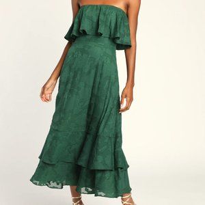 Love You So Truly Dark Green Burnout Floral Strapless Midi Dress